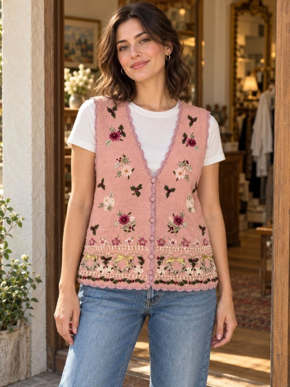 Cottagecore Coquette Alyssa Brooke Pink Floral Embroidered Sweater Vest M